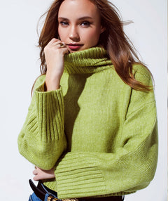 Short Boxy Turtleneck Pullover Lime LAST ONE