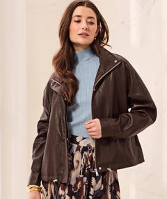 Tribal Relaxed Faux Leather Jacket Saddle Brown